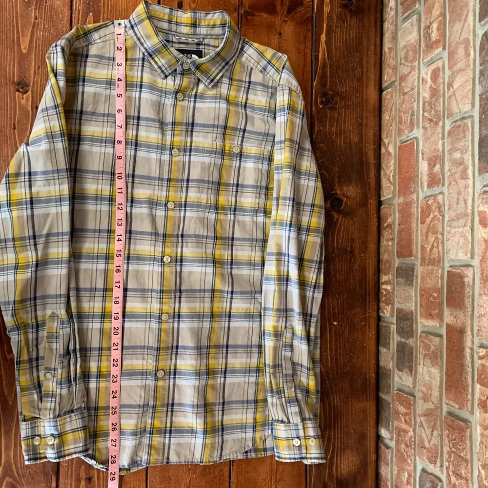 The North Face Men's Yellow Blue Plaid Long Sleeve Medium Button Down Shirt EUC